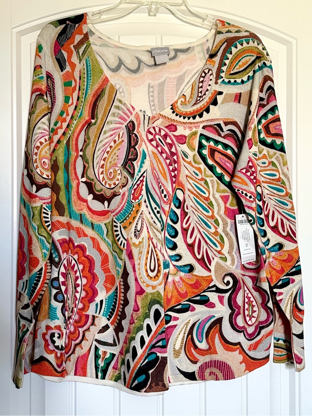 Chico's Multicolor Paisley V-Neck Long Sleeve Top